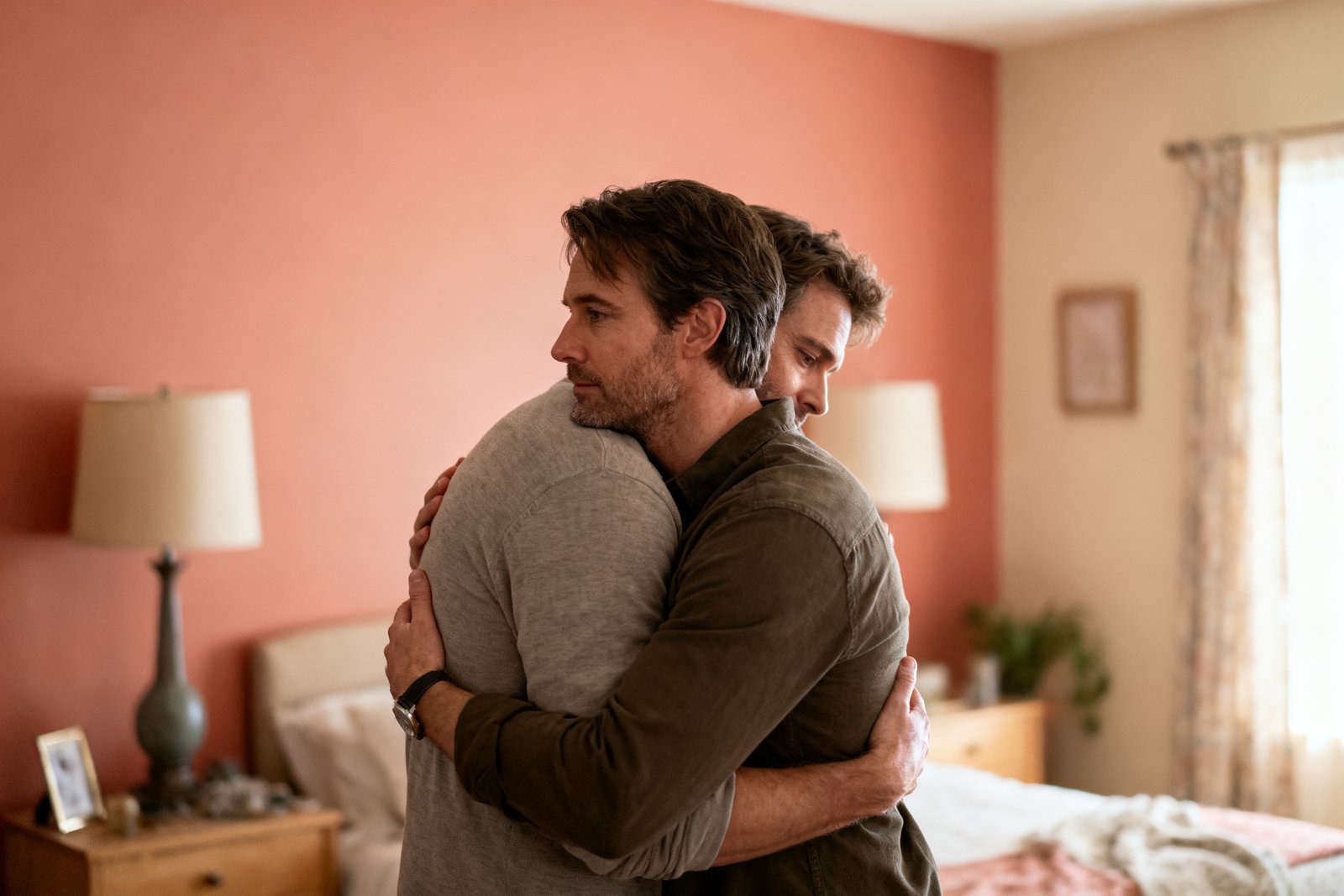 A couple sharing a reassuring, steady embrace