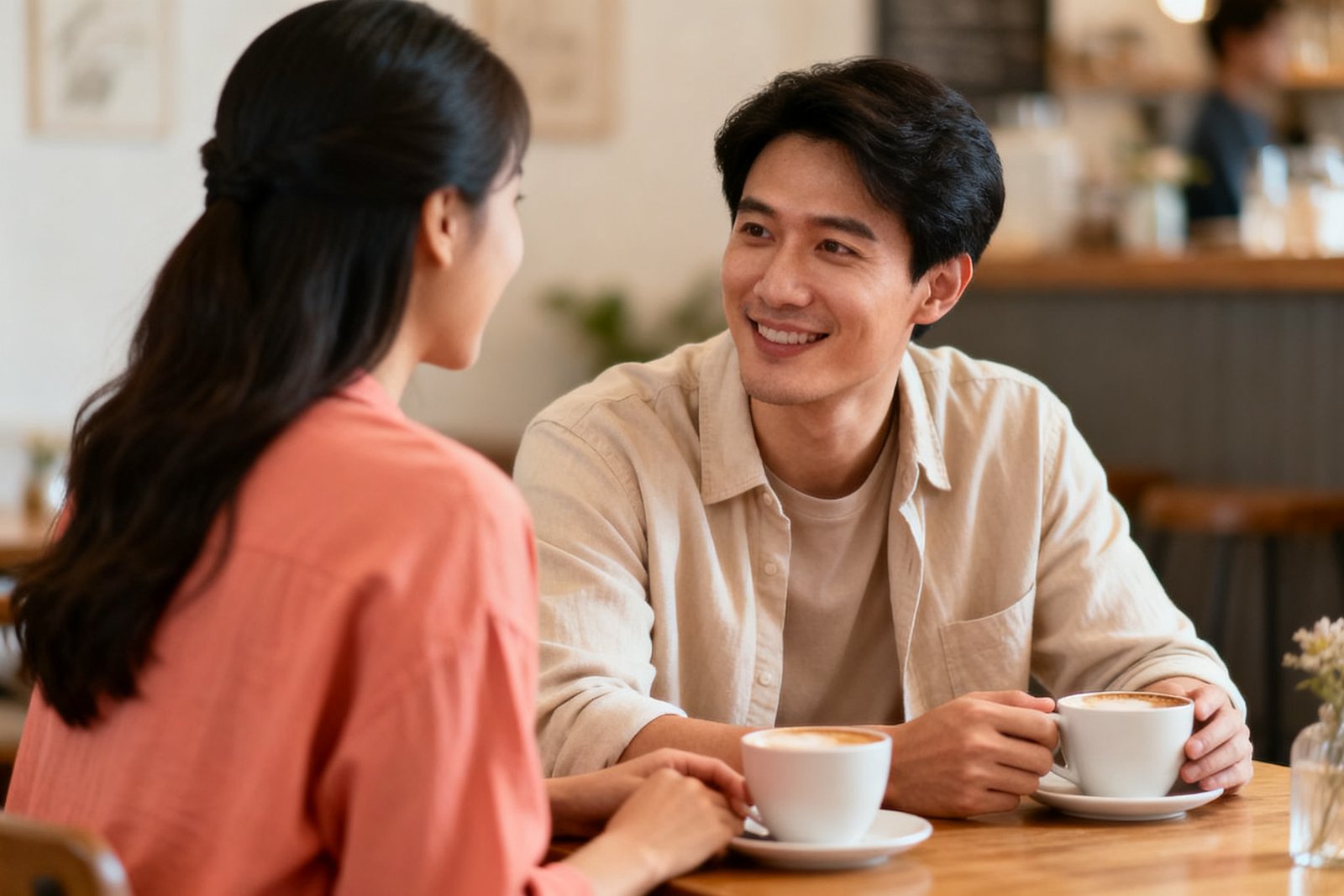 A couple in warm, engaged conversation over coffee at a cozy cafe table