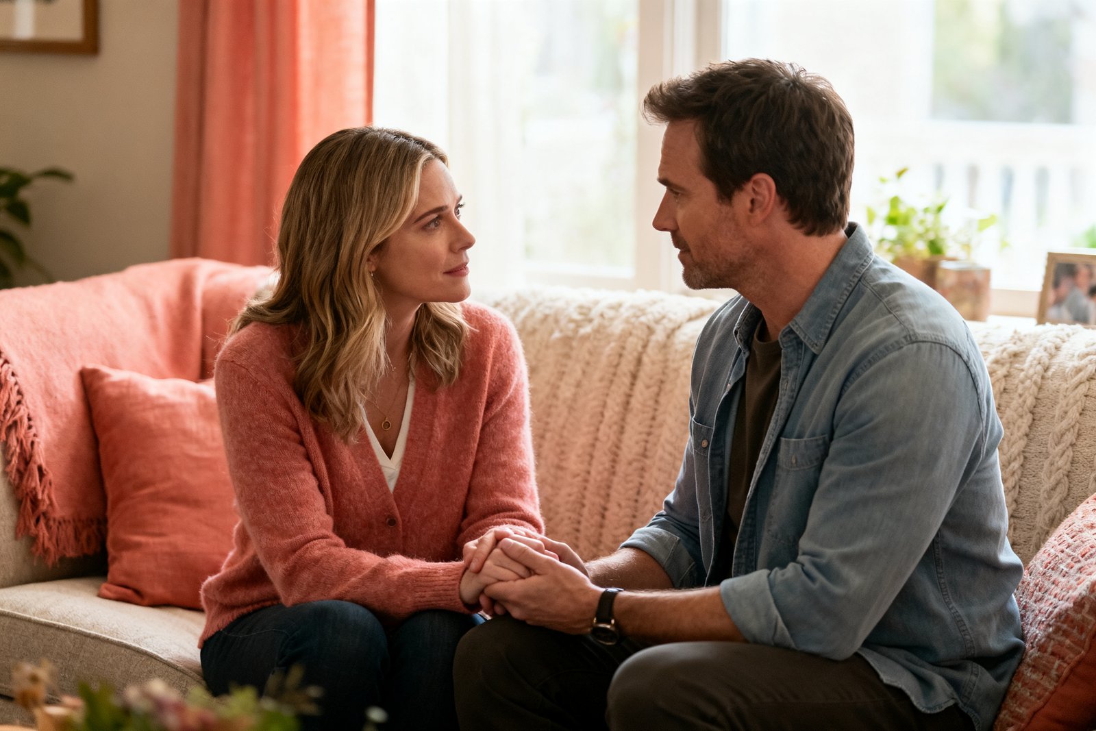 A couple reconnecting with soft, understanding expressions