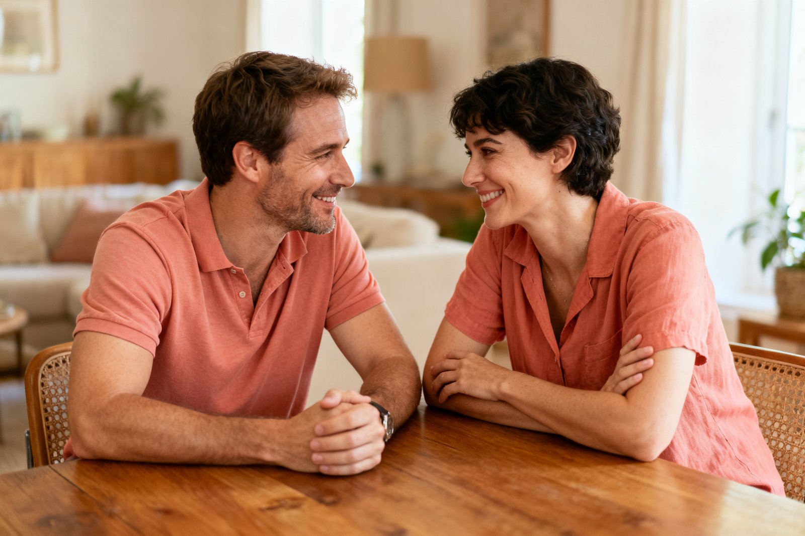 Partners sharing a gentle smile across the table