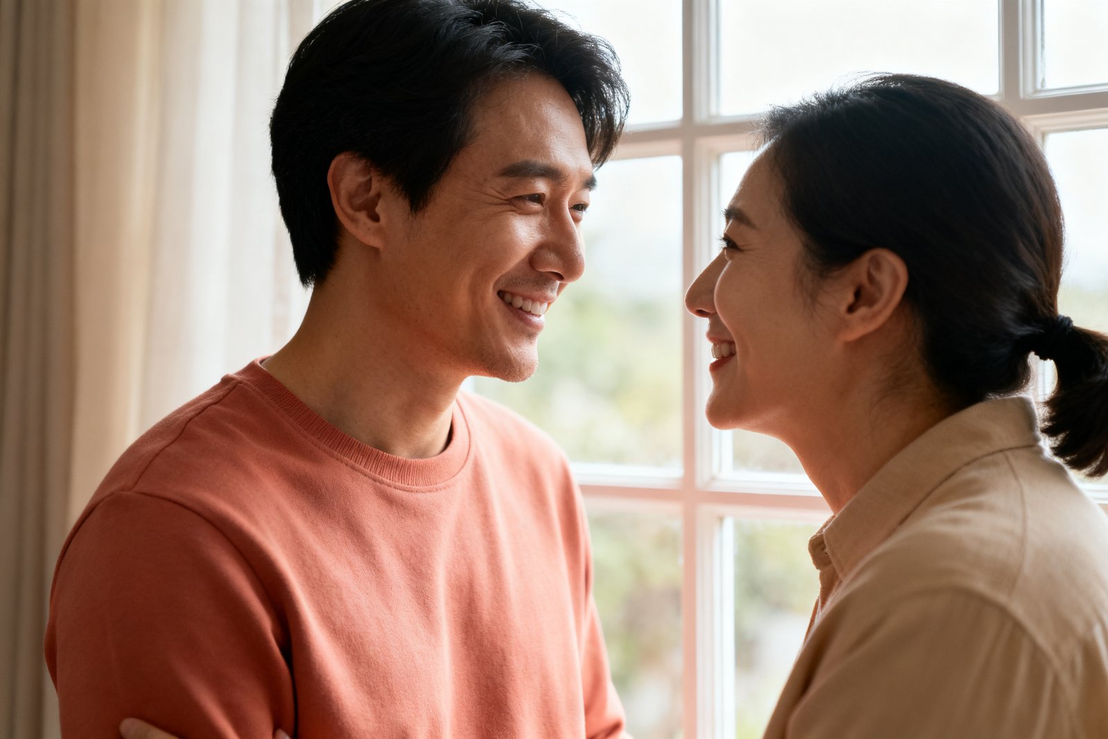 A couple reconnecting with soft smiles by a window